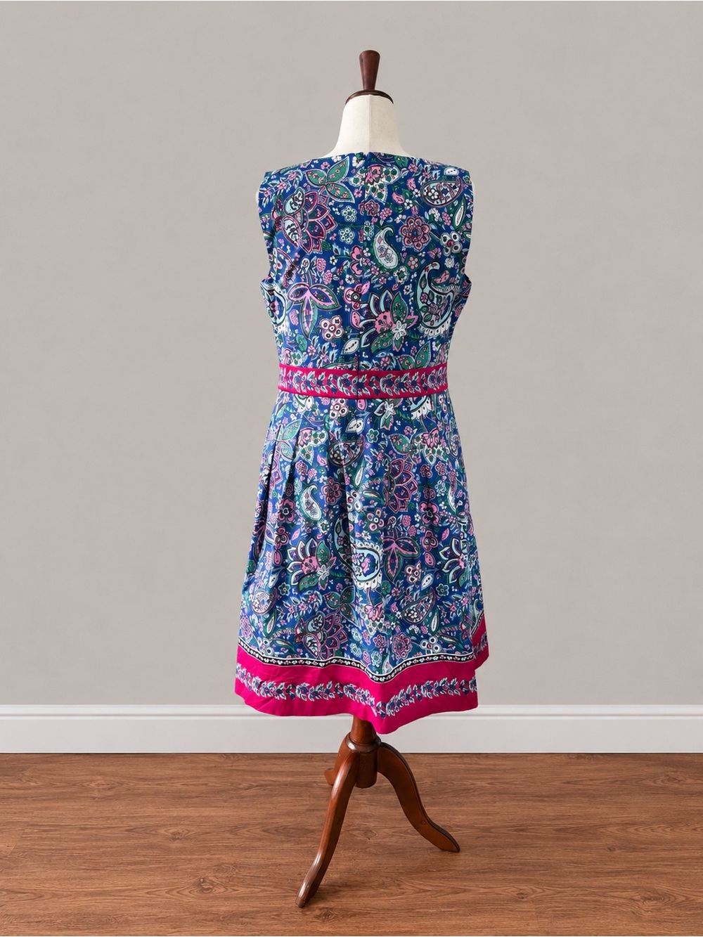 Talbots Blue Paisley Sleeveless Fit-and-Flare Dress with Pink Trim - Picture 4 of 8